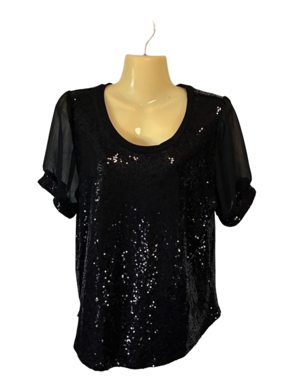 DKNY Sequin Short Sleeve Blouse Round Neck Shiny Sparkly Neutral Chic Black Smll